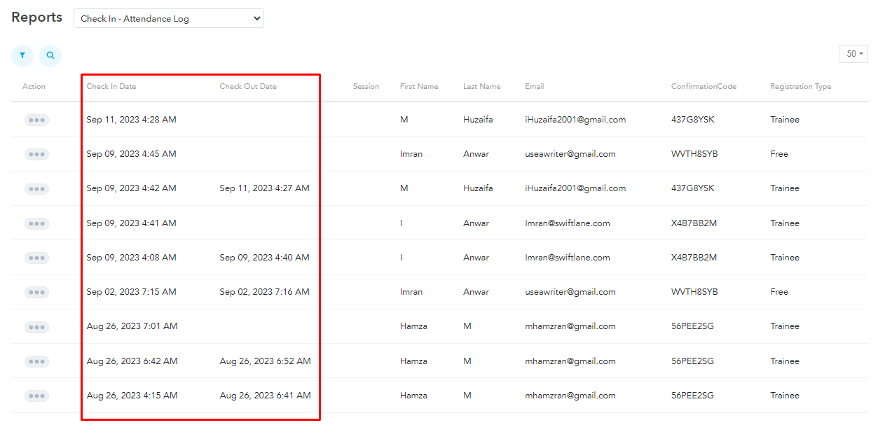 You will see the check-in and check-out dates and times of all the attendees.